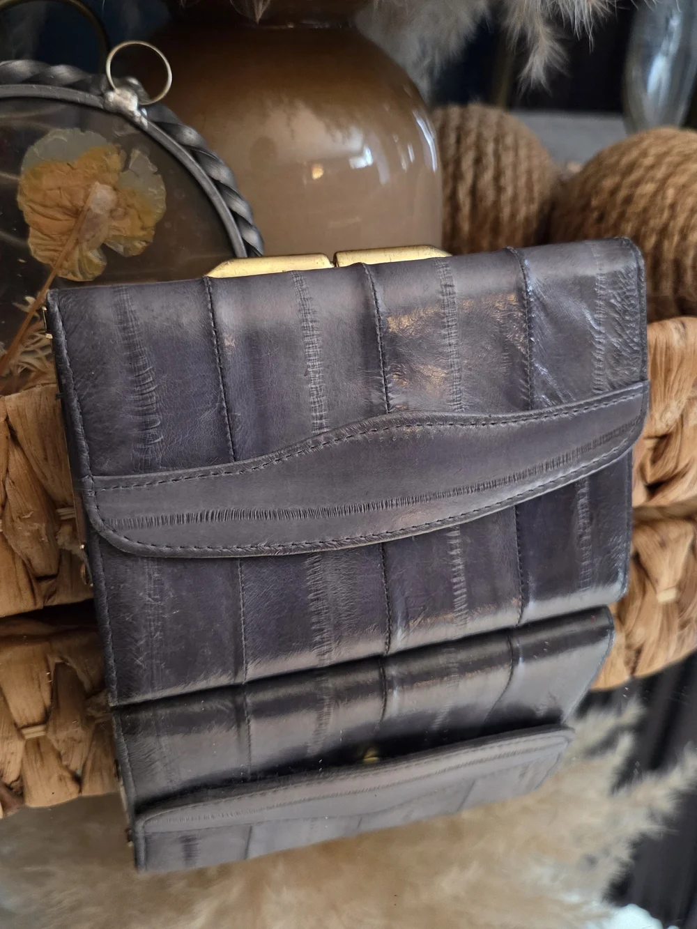 Vintage Genuine Eel Skin Leather Wallet Clutch Gray Korea Gold Frame